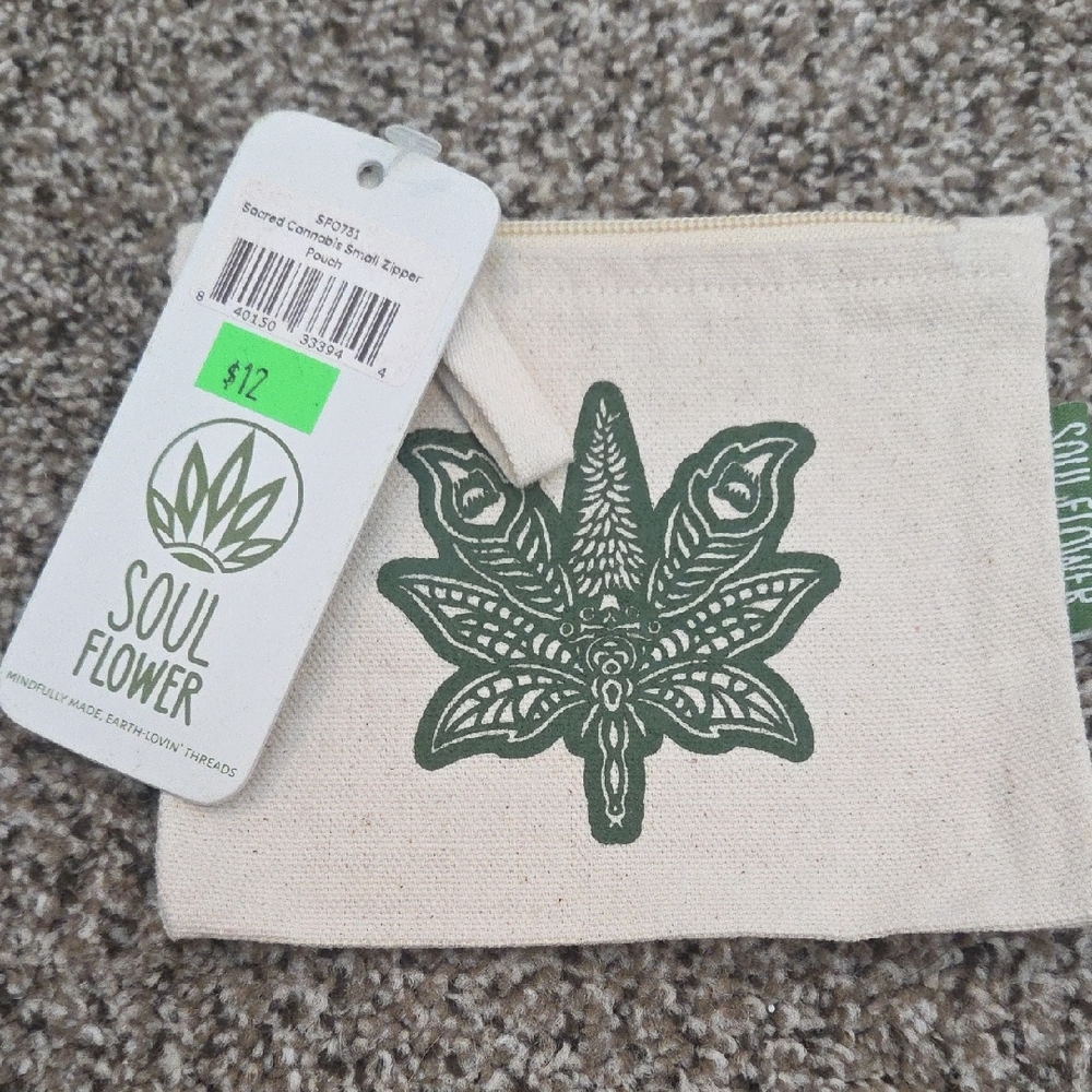 Soul Flower Natural Canvas Pouch with Green Botanical Design